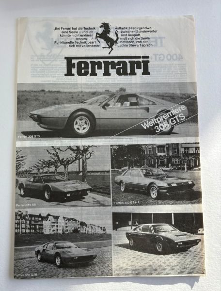 Verkaufsblätter Weltpremiere Ferrari 308 GTS Auto Becker Düsseldorf