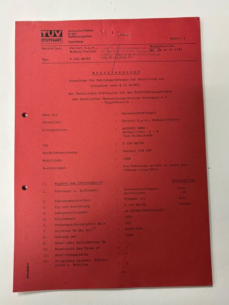 Original Tüv Musterbericht zur Zulassung F106 AB/PB 328GTB - NO COPY